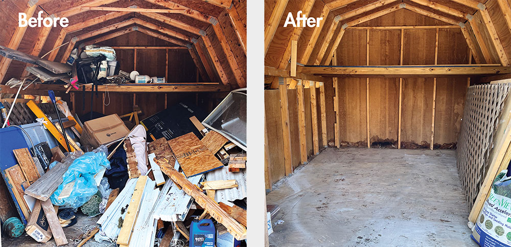 Before and after photo of shed with junk removed