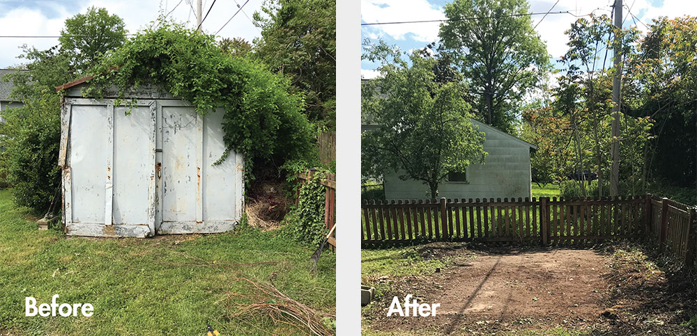 Before and after photos of a shed that has been torn down by Cousins Hauling & Clean-out in Parkville, Maryland