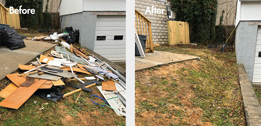Before and after photos of a yard full of construction debris cleaned up by Cousins Hauling and Clean-out services in Baltimore