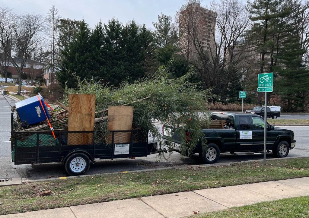 Truck and trailer filled with brush and small trees